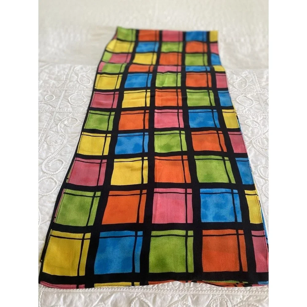 Vintage Travis Ayers Plaid Pattern 100% Silk‎ 12 x 54 Rectangle Scarf Mod Multi